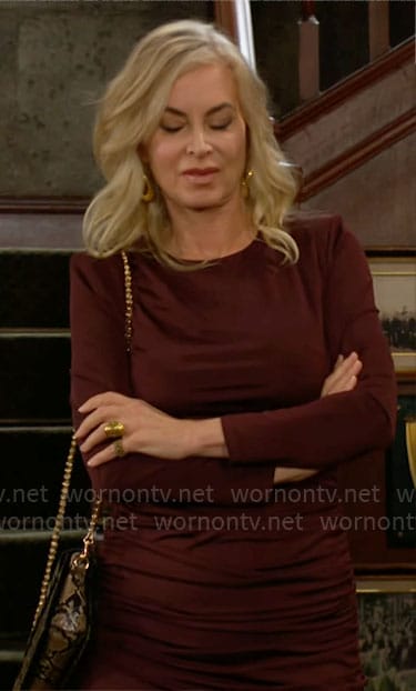 Ashley's burgundy ruched longsleeve dress on The Young and the Restless
