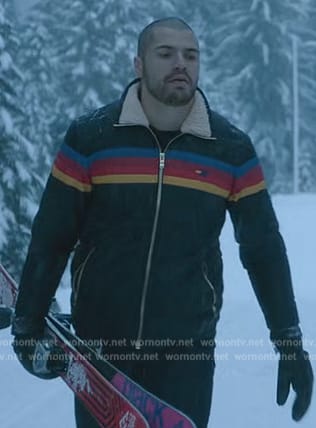 Jules' black rainbow stripe puffer jacket on Death and Other Details