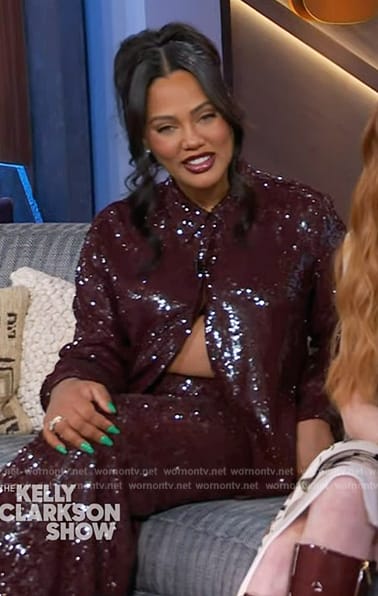 Ayesha Curry's burgundy sequin shirt and skirt on The Kelly Clarkson Show