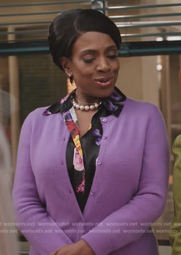 Barbara's black floral print blouse on Abbott Elementary
