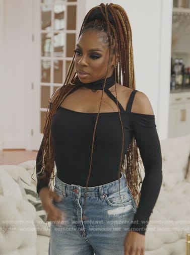 Candiace's black choker neck bodysuit on The Real Housewives of Potomac