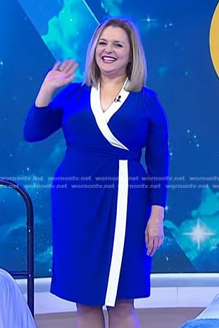 Dr. Carol Ash's blue contrast trim wrap dress on Today