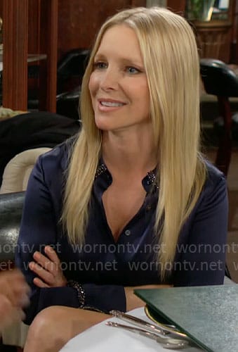 Christine's navy blue embellished button down blouse on The Young and the Restless