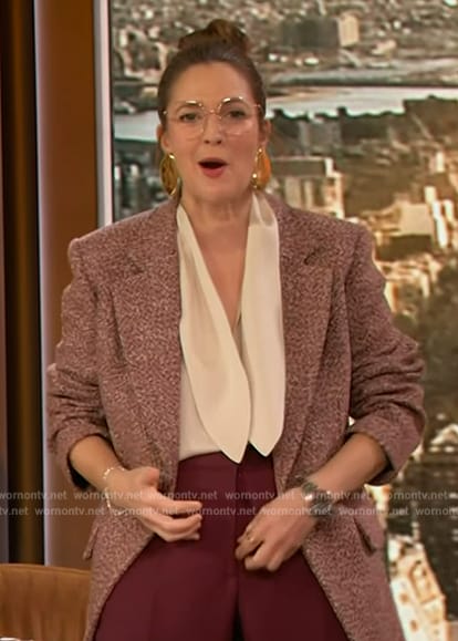 Drew's marled knit blazer and pants on The Drew Barrymore Show