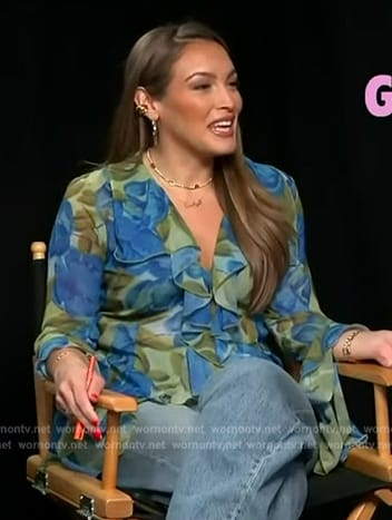 Emily Orozco's blue floral print ruffle blouse on Access Hollywood