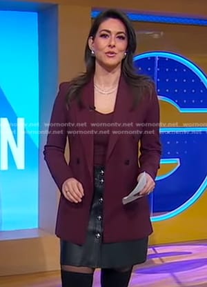 Erielle's burgundy blazer and black leather mini skirt on Good Morning America