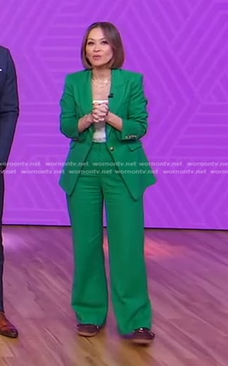 Eva's green blazer and wide leg pants on Good Morning America
