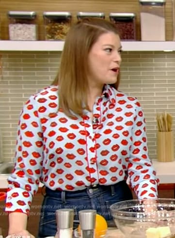 Gail Simmons blue lip print blouse on Live with Kelly and Mark