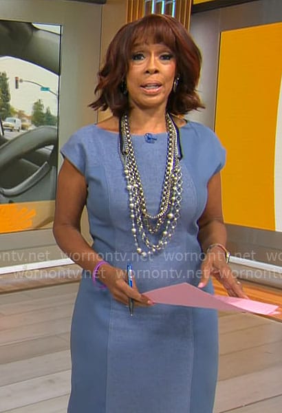Gayle King's blue tweed panel dress on CBS Mornings