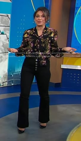 Ginger's black floral blouse and flare pants on Good Morning America