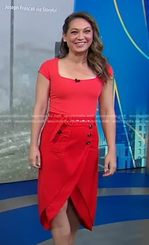 Ginger's red square neck top and belted wrap skirt on Good Morning America