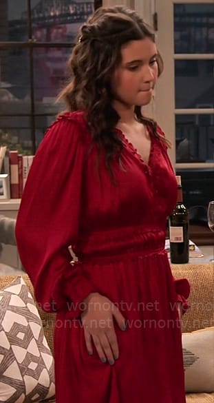Grace's red v-neck long sleeve dress on Extended Family