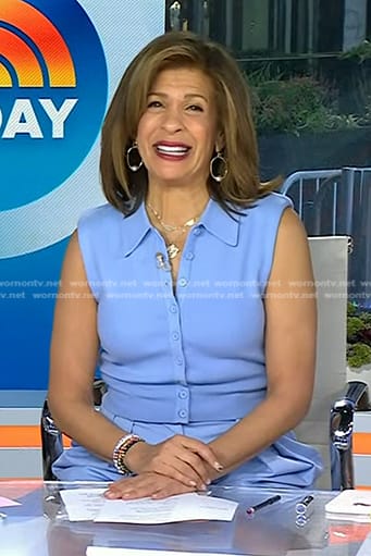 Hoda's blue sleeveless sweater and pants on Today