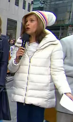 Hoda's white striped beanie on Today