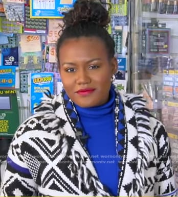 Janai's geometric fringe trim cardigan on Good Morning America