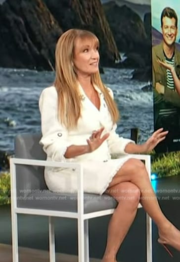 Jane Seymore's white tweed embellished blazer dress on Access Hollywood
