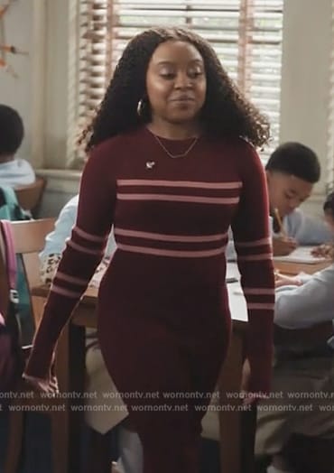 Janine's burgundy stripe knit dress on Abbott Elementary