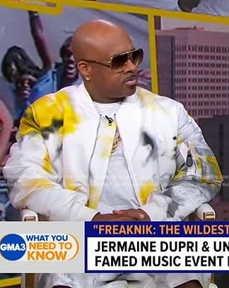 Jermaine Dupri's white tie dye bomber jacket and shorts on Good Morning America