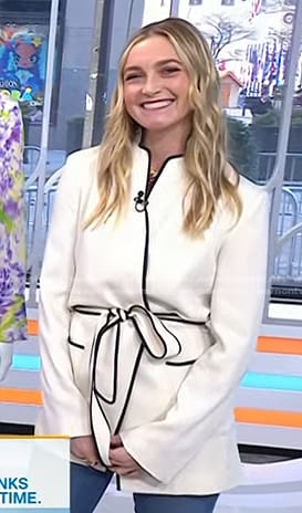 Jasmine Snow's white contrast trim wrap jacket on Today