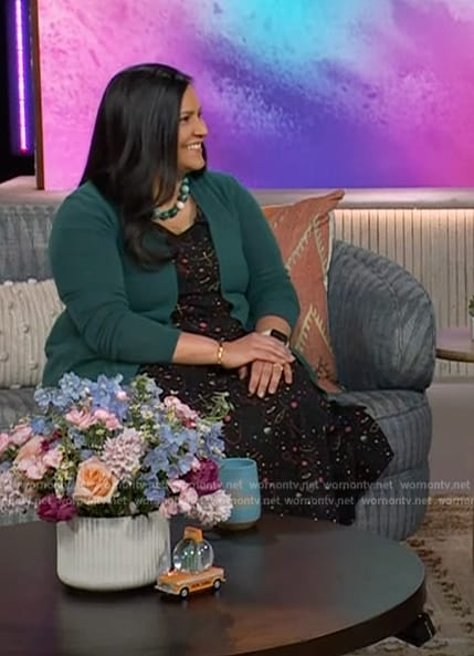 Jaya Iyer's black Constellations print dress on The Kelly Clarkson Show