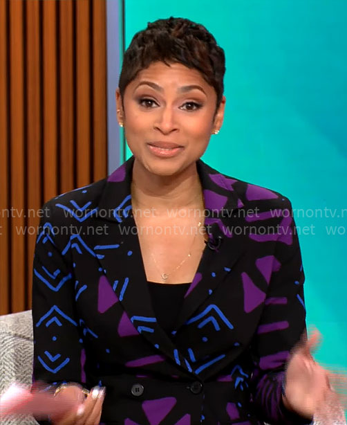Jericka Duncan's blue and purple printed blazer on CBS Mornings