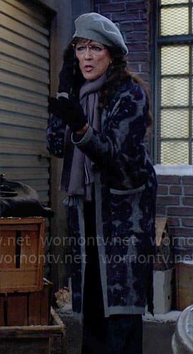 Jordan's grey and blue long patterned cardigan on The Young and the Restless
