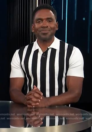 Justin's black and white striped polo on E! News