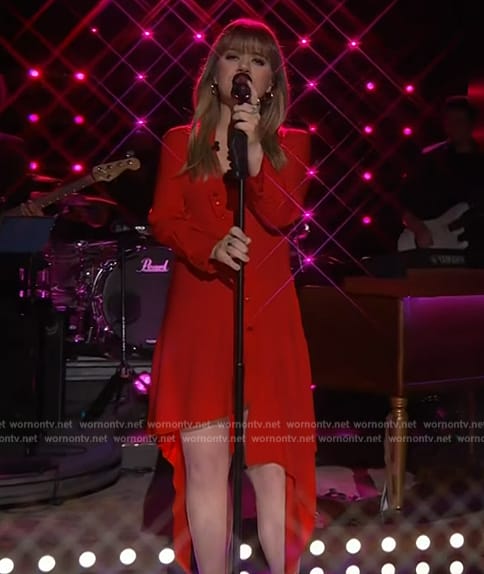 Kelly's red asymmetric dress on The Kelly Clarkson Show