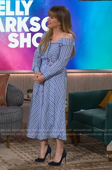 Kelly's blue striped belted dress on The Kelly Clarkson Show