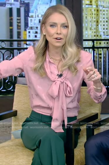 Kelly's pink printed tie neck blouse on Live with Kelly and Mark