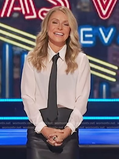 Kelly's white contrast tie neck blouse on Live with Kelly and Mark