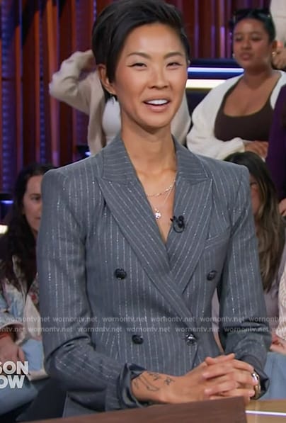 Kristen Kish's gray pinstripe blazer and pants on The Kelly Clarkson Show