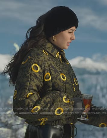 Leila's green printed puffer jacket on Death and Other Details