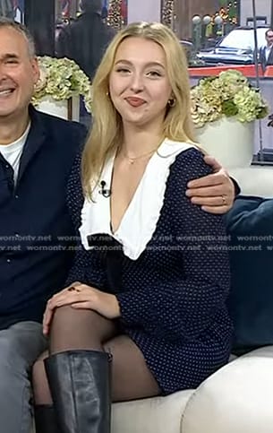 Lily Rosenthal's navy polka dot collared dress on Today