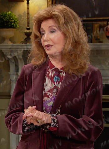 Maggie's red ikat print blouse on Days of our Lives