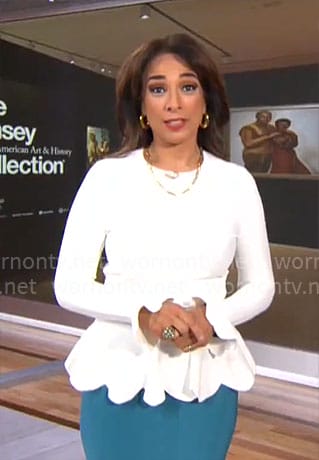Michelle Miller's white scalloped trim peplum top on CBS Mornings