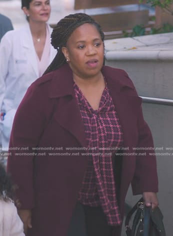 Miranda's burgundy plaid tie neck blouse on Greys Anatomy