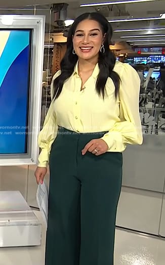 Morgan's yellow blouse and green pants on NBC News Daily