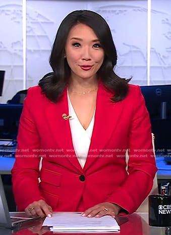 Nancy Chen's dark pink blazer on CBS Evening News
