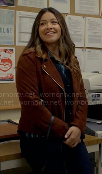 Nell's brown suede moto jacket on Not Dead Yet