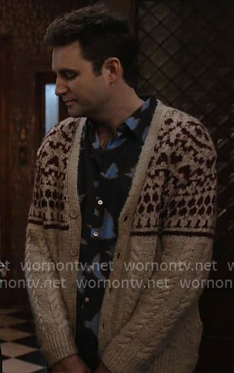 Nico's fair isle cardigan and bird print shirt on Ghosts