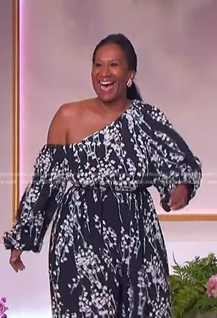Nicole Avant's floral one-shoulder maxi dress on The Jennifer Hudson Show