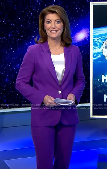 Norah's purple blazer and pants on CBS Evening News