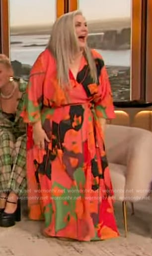 Paula Pell's coral printed wrap dress on The Drew Barrymore Show