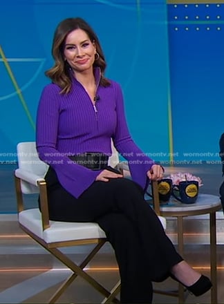 Rebecca's purple half-zip sweater and black platform pumps  on Good Morning America