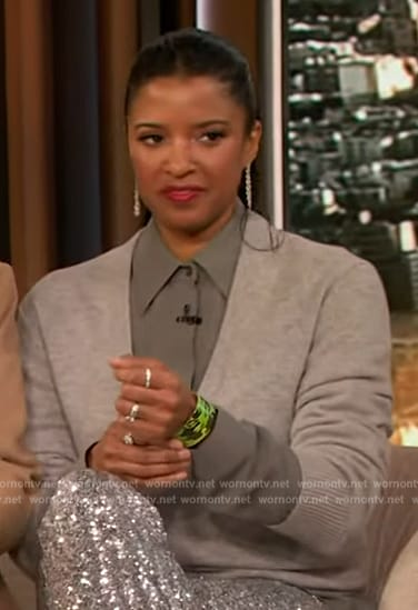 Renee Elise's silver sequin pants and cardigan on The Drew Barrymore Show