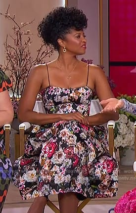 Renee Elise Goldsberry's black floral print dress on The Jennifer Hudson Show