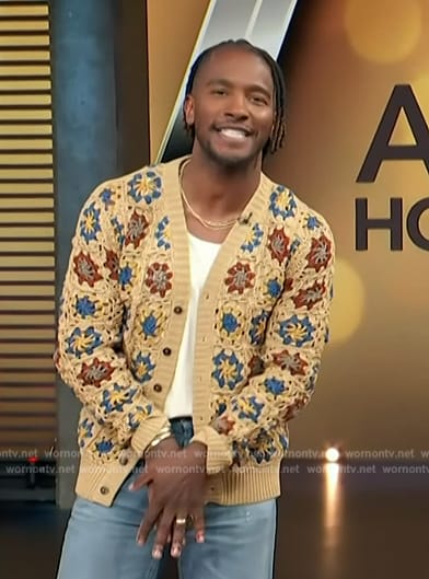Scott's beige floral crochet cardigan on Access Hollywood