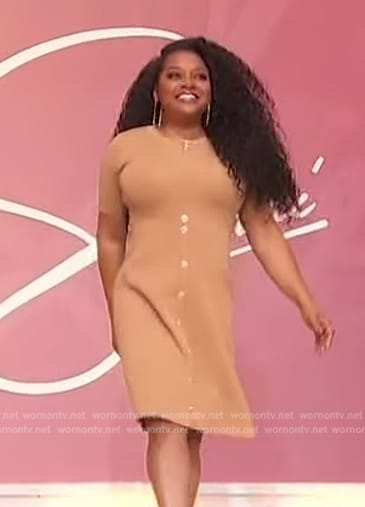Sherri's beige button front sweater dress on Sherri