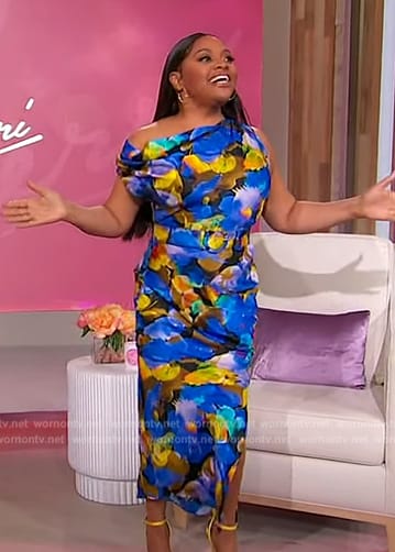 Sherri's blue floral print off shoulder dress on Sherri